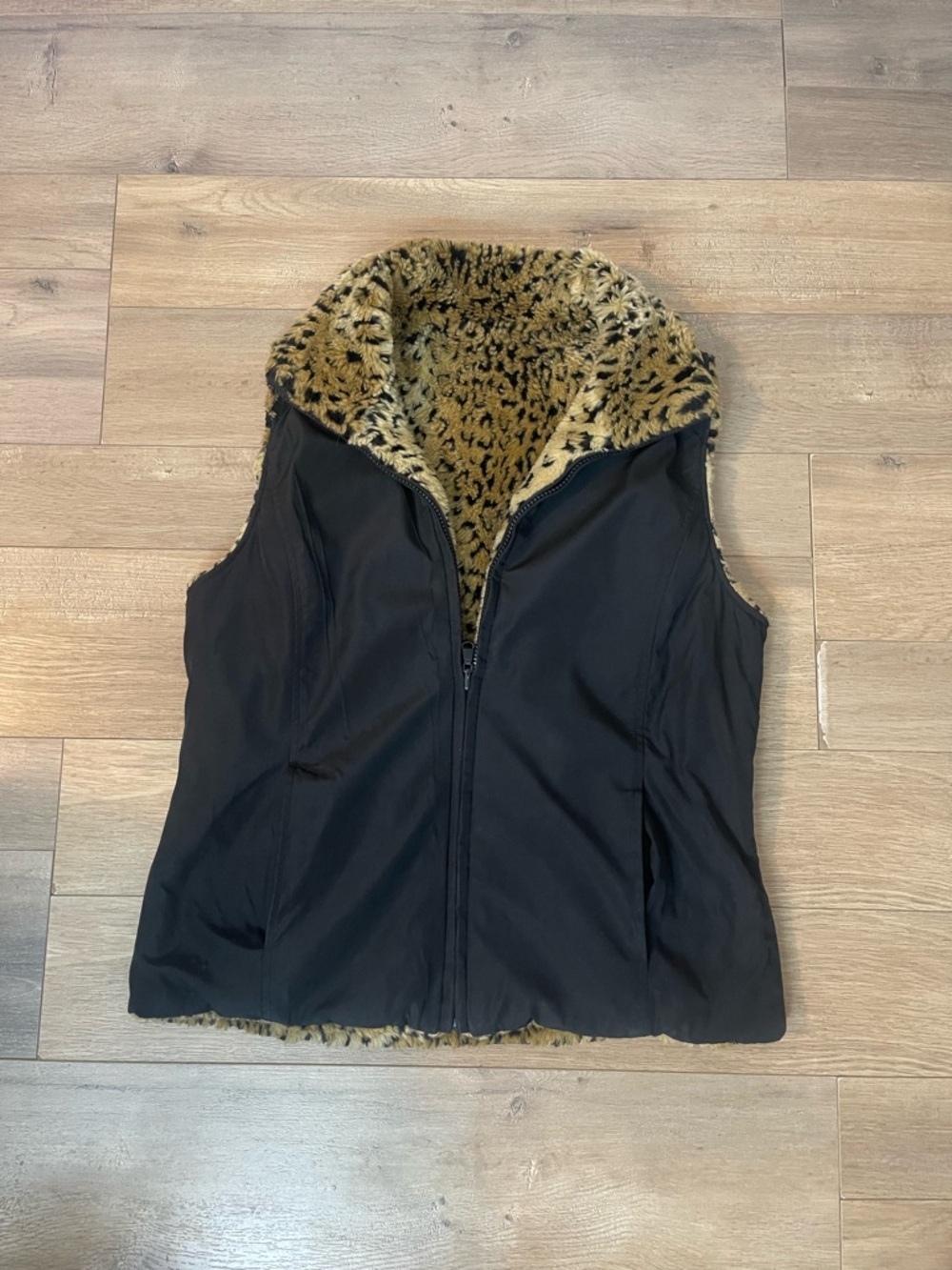 Black Reversible Faux Fur Leopard-Trim Vest
